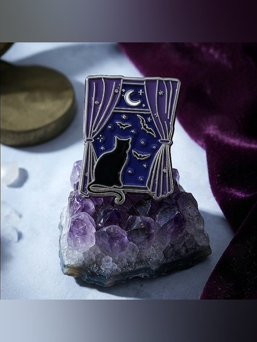Gothic Black Cat Enamel Pin – Witchy Crescent Moon and Bats Window Lapel Badge